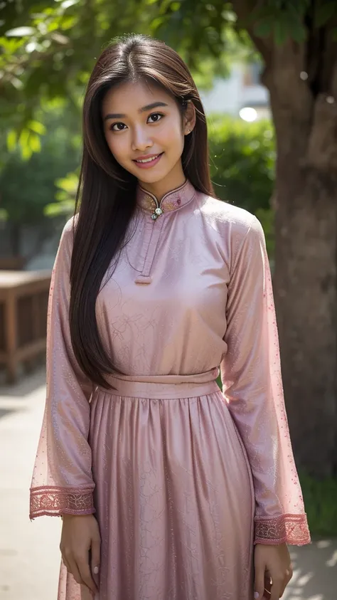 Classy innocent malay babe, ((wearing baju kurung)), malay village, slim figure, high resolution, professional lighting, fair skin, sweet smile, 20 yo,  long dark brown hair, fluffy hair, medium large sized breast, mix blood pan asian, blur background, hig...