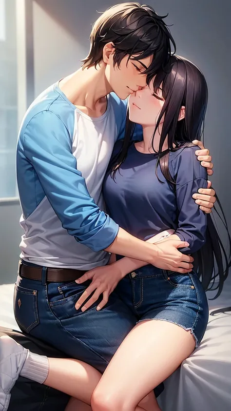 A man with short dark hair, Closed eyes, wearing a blue long sleeve t-shirt, dark jeans, socks and shoes, hugging and kissing a woman with long dark hair, Closed eyes, in a white tank top without straps or sleeves, blue denim shorts, white socks, dark shoe...