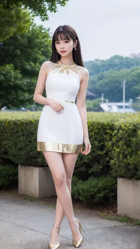 (((8K、High resolution、Highest quality、High resolution))),alone、Natural body shape、White skin、Natural Makeup、Black Hair、bangs、 Long Hair、,Looking into the camera、Outdoor,(princess look), Royal blue miniskirt dress with gold trim , gem、((Full body photo))