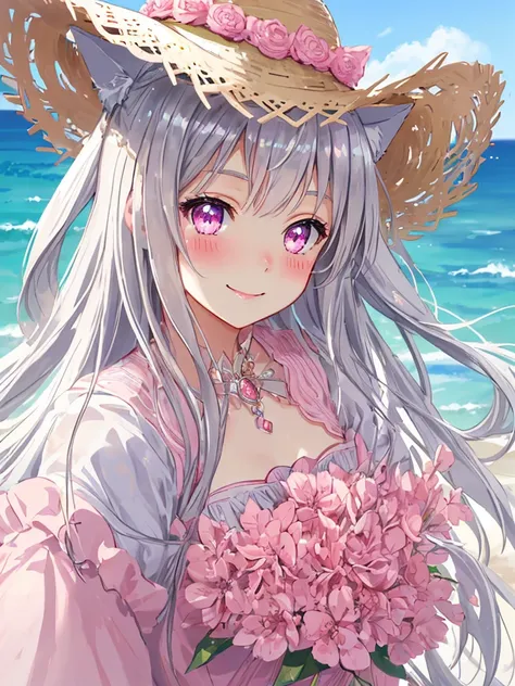 Highly detailed face,fine grain,Sparkling eyes,Highlighted eyes,Mid-chest,blush、smile、pretty girl,Cat ear,Beautiful silver hair,Pink inside,Beautiful pink eyes,one piece、Straw hat、Ocean