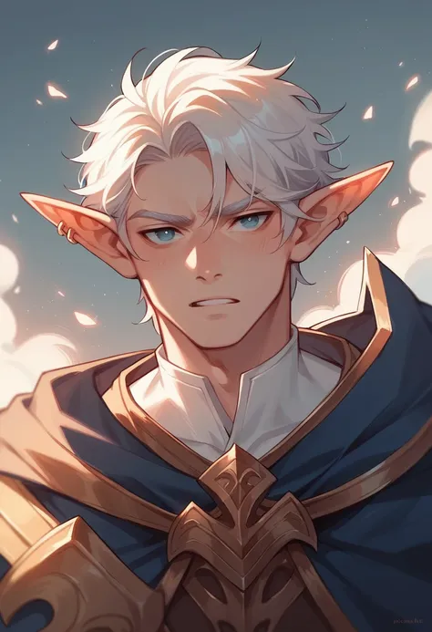 elf boy white hair and res eyes. he is in the middle of a blizzard using magic