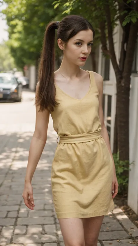 35 year old woman, (long hair in ponytail), (yellow linen dress), thin, slim, skinny, standing outdoors, long legs, ((pale skin)), lipstick, slender body, ((narrow hips)), ((skinny)), flat chest, pale white skin, freckles, goosebumps,