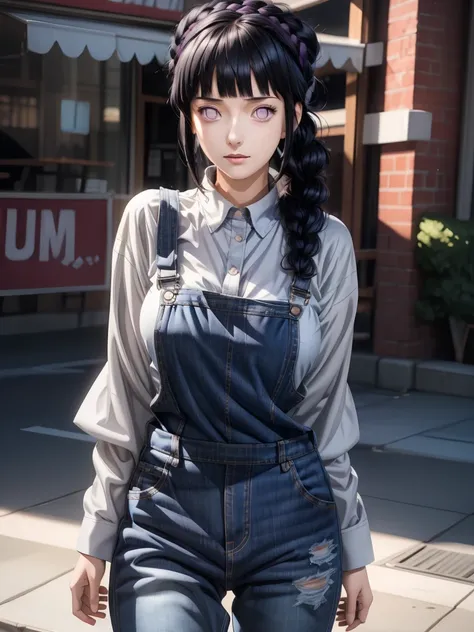 masterpiece, best quality, ultra-detailed, illustration,1girl,
long hair, dark blue hair, french braid, purple eyes, blunt bangs, 
shirt, (denim overalls:1.1),
medium breast,  
looking at viewer, hinata(shippuden) strit sesoncity ,cyber punk ,jumpink stand...