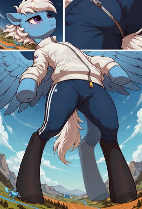 score_9, score_8_up, score_7_up, feral, pale body, female, pegasus, light_blue body, blue body, short straight hair, white mane with blue stripe, white tail with bright blue and light blue stripes, purple eyes, pointed ears, large feathered wings, anatomic...