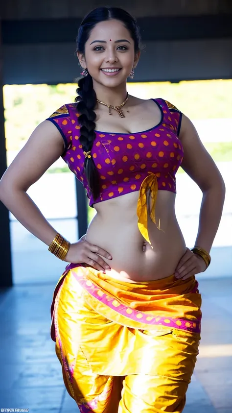 hd wallpaper 32k cinematic shoot of a beautiful cute girl, with thick thighs and a curvy waist, twin braids,  wearing an indian ...