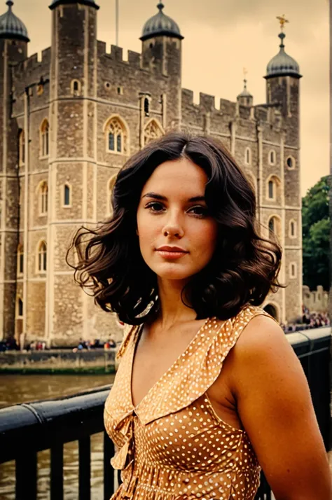 Polaroid photo of a woman with a vintage 70s aesthetic, black wavy hair, warm tones, faded colors, cinematic, nostalgic feel, candid pose, tower of london, Fine art photography style
