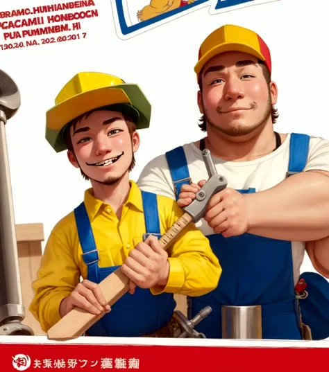 Close up of cartoon character holding wrench, , Worker， Wearing plumber, Propaganda Art, Chad, a carpenter, Higher than people, tool, Very explicit, Yoshita，young people，Age 25 years，The face shape is relatively round，Fat，No beard