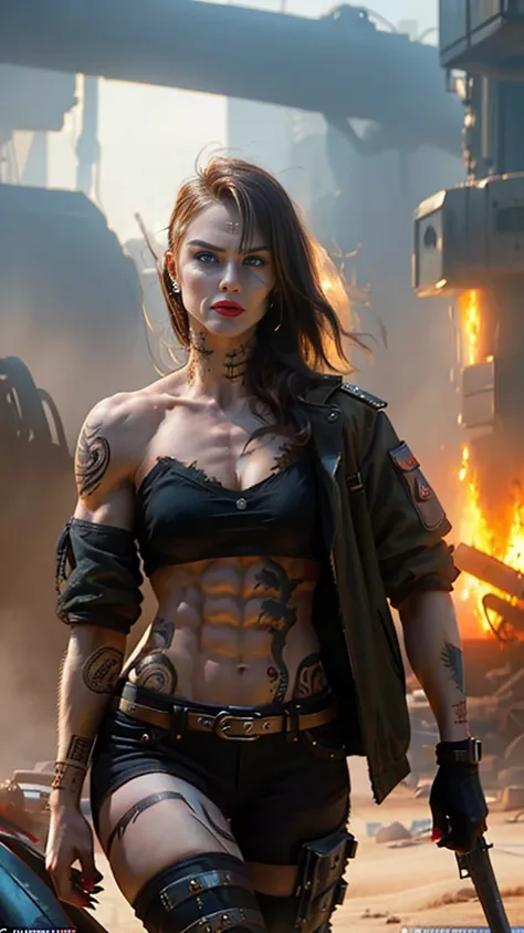 ((tattoos)), (((european face, Large jaw line ))), Woman walking with determination, Torn torn torn post-apocalyptic military uniform, combat jacket with ripped holes, combat pants with torn holes, (use of weapons and explosives), (((extravagant breasts)))...