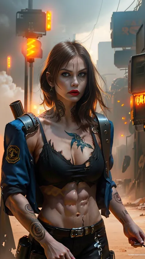 ((tattoos)), (((european face, Large jaw line ))), Woman walking with determination, Torn torn torn post-apocalyptic military uniform, combat jacket with ripped holes, combat pants with torn holes, (use of weapons and explosives), (((extravagant breasts)))...