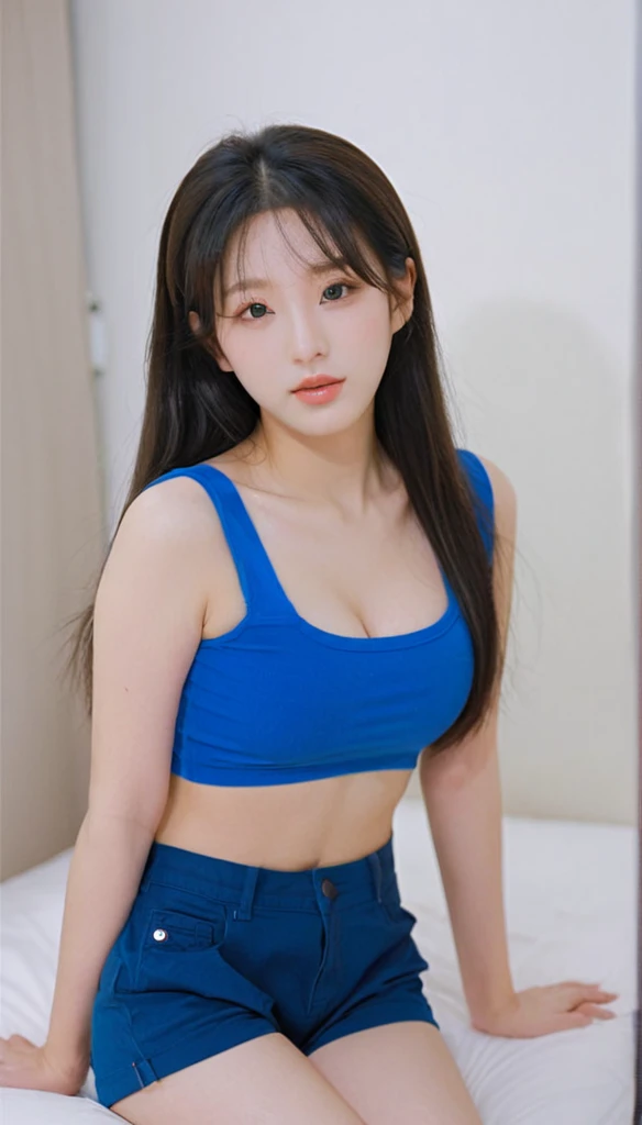 close-up of beautiful South Korean, An Yujin is a IVE South Korean pop girl group, age 20 years old girl, youthful face, perfect body, white body skin, very long hair, black hair, straight hair, 36 inches breasts size, wearing a plain hot pink sleeved t-sh...