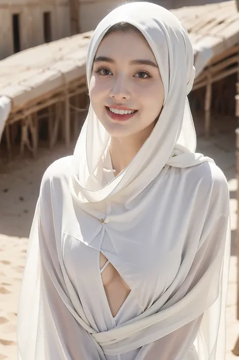 (((best quality))),(((ultra detailed))),(((masterpiece))),illustration,((A beautiful Muslim girl,solo)),((slim,thin)),summer,(in desert:1.3),white headscarf,(white abaya:1.3),(standing:1.3),(laughing:1.3),fair complexion,sun rays,gentle breeze,elegant atti...