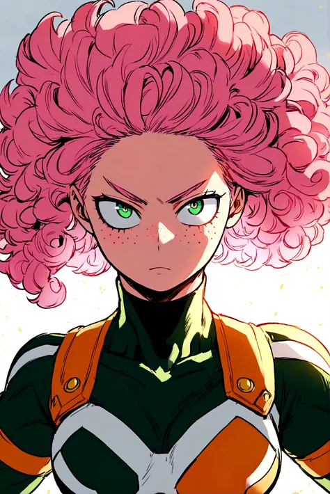 My hero academia, girl with curly pink hair and green eyes with freckles