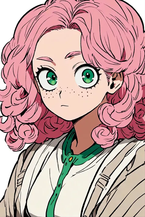 My hero academia, girl with curly pink hair and green eyes with freckles