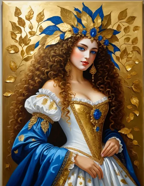 very attractive 25 year old girl with long very curly gnger hair, (best quality, masterpiece:1.2), (gold leaf art:1.2), oil painting on canvas, Renaissance Venetian carnival, portait full body, beautiful woman in a white and blue dress and a decorated mask...