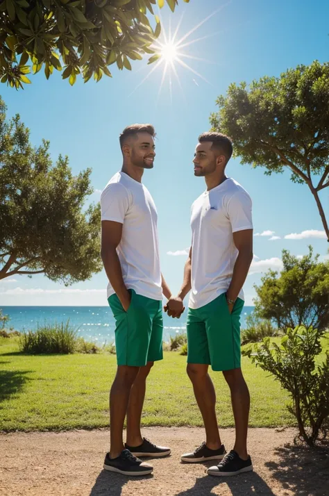 The image is two gay couple holding hands and standing beside each other. They are wearing matching shirts and shorts. Two chihuahua dogs are standing on either side of the people. There is lemon tree on the left side of the image, with green leaves and le...