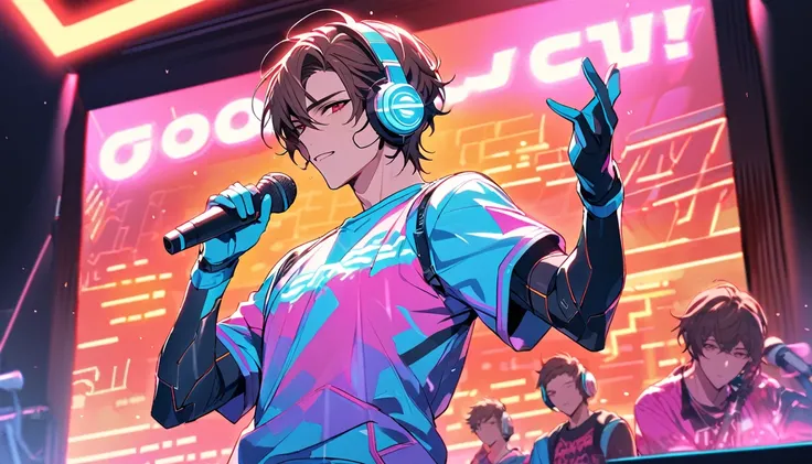 Handsome, single, clearly washed out, male, red eyes, short, brown hair, headphones, neon colored sci-fi robot suit. Mixes sci-fi and neon tones. Behind it is a robot with neon lights. In the background, a large robot clearly sings on stage, wearing a neon...