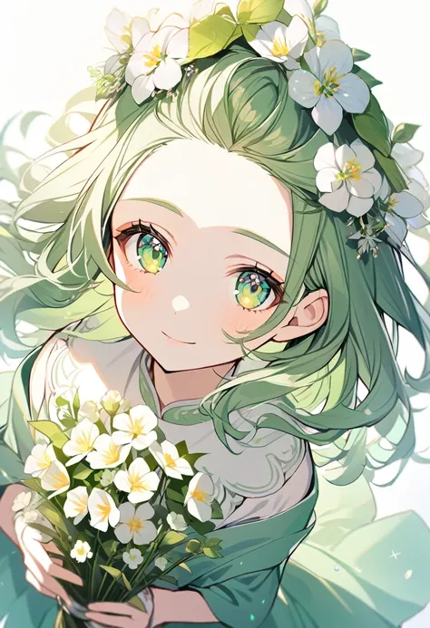 1girl, solo，light green eyeliner,  green dress，light green long perm hair，sparkling light green eyes，light smile ，has several flowers，from above，white background，corolla on head，(forehead)，