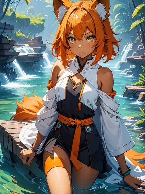 young girl with shoulder length orange hair and yellow eyes, wearing a simple tunic, orange fox ears with a white tip and an ora...