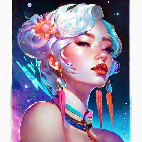 close-up of a woman with another woman kissing her necklace, girl with cosmic hair, rossdraws' soft vitality, gouvez style artwo...