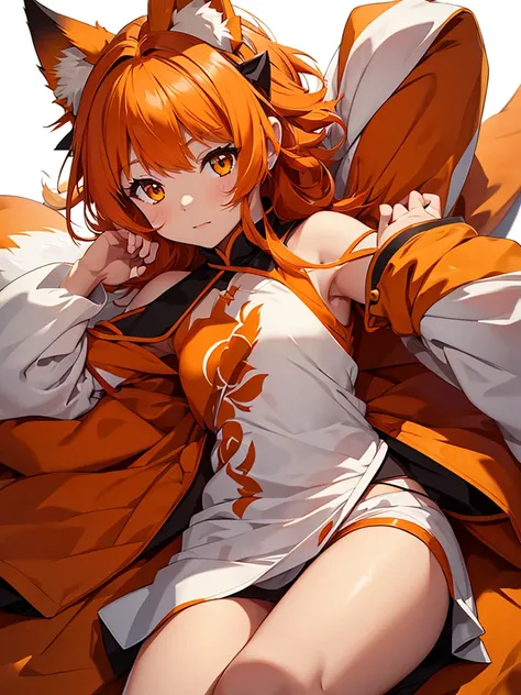 Young girl with shoulder length orange hair and yellow eyes, wearing a simple tunic, orange fox ears with a white tip and an orange fox tail with a white tip.