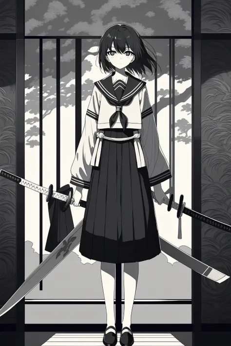 beautiful anime portrait,black monochrome，oriental wallpaper，gray-black，feeling，very anime style，sailor suit，whole body，soft lig...