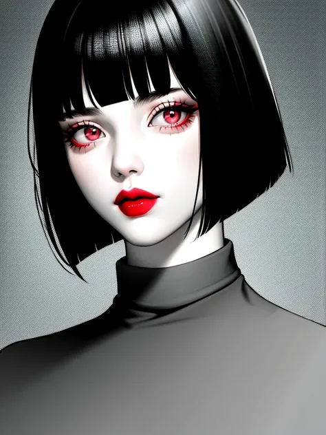 1girl, solo, monochrome, greyscale, bob cut, short hair, portrait, turtleneck, closed mouth, bangs, looking at viewer, blunt bangs, sketch, graphite (medium), lips, hatching (texture), red lips