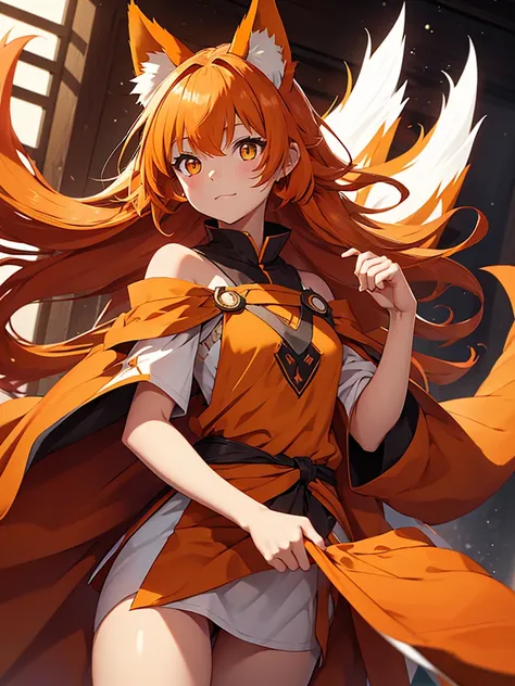 Young girl with shoulder length orange hair and yellow eyes, wearing a simple tunic, orange fox ears with a white tip and an orange fox tail with a white tip.