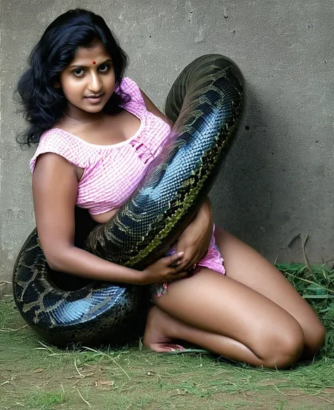 Pregnant Pink booty shorts Happy Horny, aroused 1girl), beautiful kneeling young Indian  young village teen girl  with  giant colossal black anaconda  monster squeezing her hard, wrapped in thick spiraling coils, constricted, struggle, gasping for air, sna...