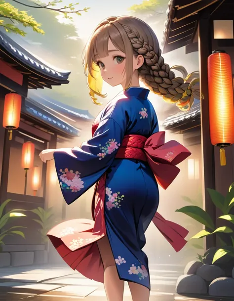 masterpiece, Highest quality, High resolution, Very detailed, 1 girl、alone、Medium Hair、Braiding、Colorful Hair,One side up,Parted bangs,Side Lock,Mini character、girl、Wearing a yukata、Dancing outside、
