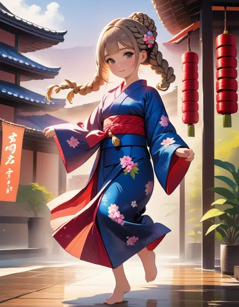 masterpiece, Highest quality, High resolution, Very detailed, 1 girl、alone、Medium Hair、Braiding、Colorful Hair,One side up,Parted bangs,Side Lock,Mini character、girl、Wearing a yukata、Dancing outside、
