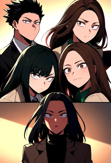 My Hero Academia AU Lounge, long straight horse girl, black and dark brown. With a strong expression and dark brown eyes. UA students from My hero academia.