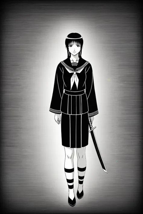 Beautiful anime portrait,Black monochrome，Oriental Wallpaper，Gray-black，Feeling，very anime style，Sailor Suit，whole body，Soft Light，Rich in details，Sad expression，leg ring decoration，Background blur，Vivid colors，情Feeling深沉，front，Standing posture，Samurai swo...