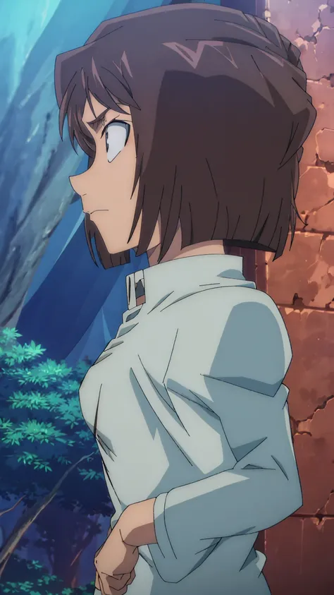 A mighty Haibara Ai stands tall as a female Titan, her short brown hair messy and unkempt, framing her striking blue eyes. The camera gazes up at her from a low angle, emphasizing her colossal stature amidst the surrounding trees. The sunlight filters thro...