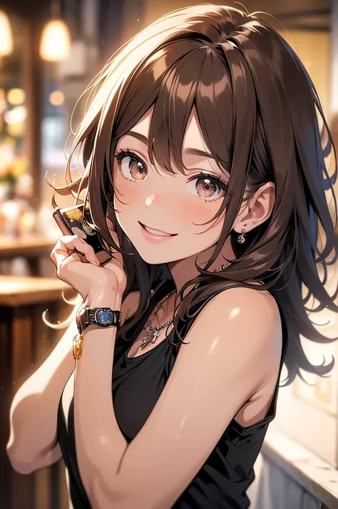 (masterpiece, best quality, ultra-detailed, highres, 4k),(beautiful detailed eyes),(very detailed face),(1girl),HDR,long hair, shorts, phone, brown eyes, brown hair, cellphone, bracelet, tank top, jewelry, watch, lips, solo focus, nail polish, blurry backg...