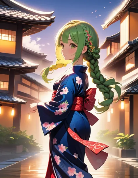 masterpiece, Highest quality, High resolution, Very detailed, 1 girl、alone、Medium Hair、Braiding、Colorful Hair,One side up,Parted bangs,Side Lock,Mini character、girl、Wearing a yukata、Dancing outside、