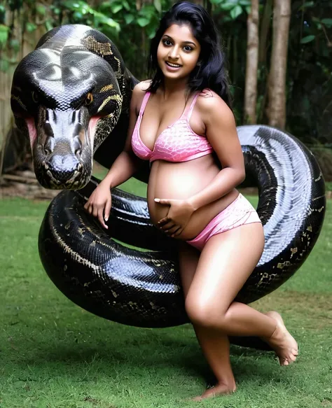 Pregnant Pink booty shorts Happy Horny, aroused 1girl), beautiful kneeling young Indian  teen pornstar  with  giant colossal black anaconda  monster squeezing her hard, wrapped in thick spiraling coils, constricted, struggle, gasping for air, snake attack,...