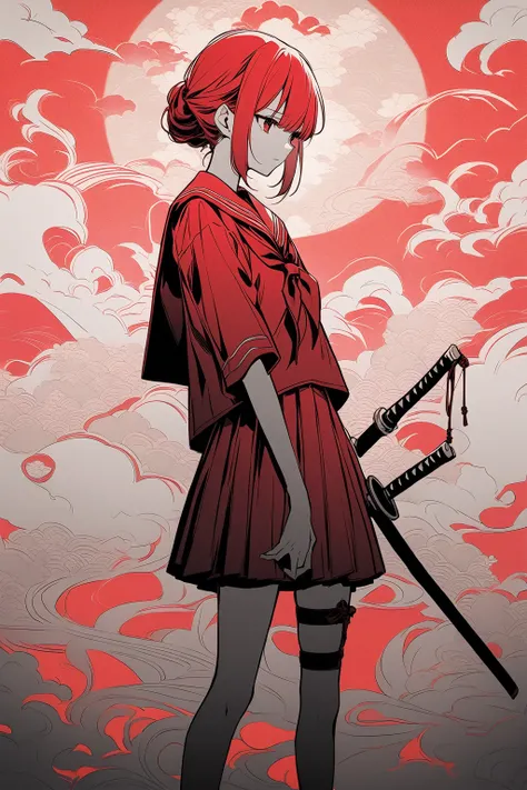 Beautiful anime portrait,Red monochrome，Oriental Wallpaper，Pink，Feeling，very anime style，Sailor Suit，whole body，Soft Light，Rich in details，Sad expression，leg ring decoration，Background blur，Vivid colors，情Feeling深沉，front，Standing posture，Samurai sword