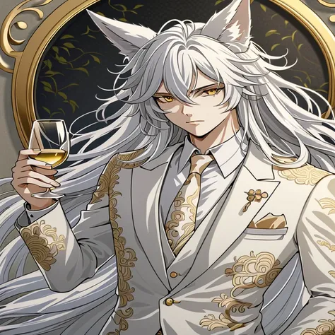 ((Best quality)), ((masterpiece)), (detailed), ((perfect face))、a man,  Silver-haired male character。She has long flowing hair and piercing golden eyes.。It has white fox ears on its head。
expression: 真剣なexpressionをしています。
He was wearing a gorgeous host-styl...