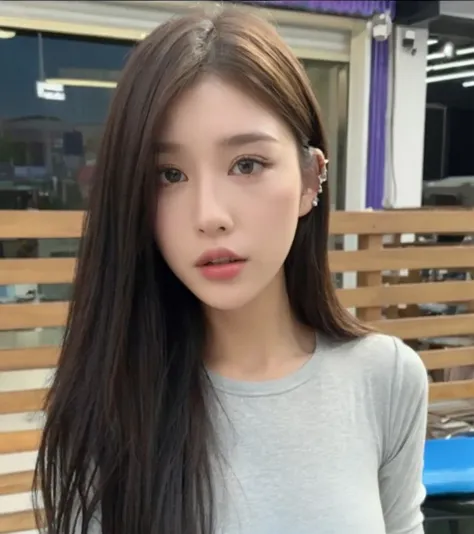 (realisitic、hight resolution:1.3)、1 girl with a perfect figure、Super thin face and eyes、shorth hair、Tank Tops:1 in random color.2、Short jeans、in a cafe、coffee on table、Colossal 、Exposed cleavage