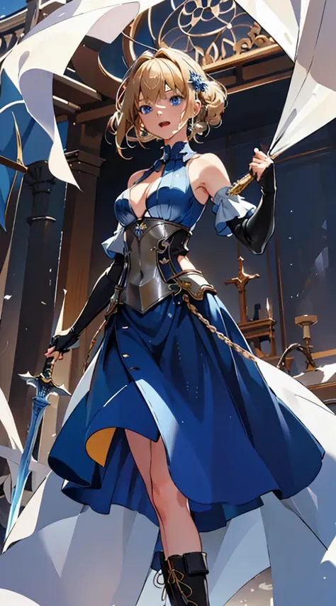 masterpiece,best quality,High resolution,1 Girl,movie lighting,dramaticangle,Depth of Field,Blonde hair,blue eyes,Hair accessories,Clothing 1,clavicle,Bare shoulders,Separate sleeves,long skirt,Breastplate,High Leg Raise,Thick thighs,Gloves,boots,banner,Ke...