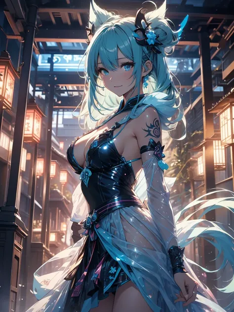 Miku Hatsune x vixen high definition good anatomy add_detail:1, blue fur,kitsune ears, tribal tattoo add_detail:1, cute girl add_detail:1, feudal priestess clothing add_detail:1, japanese shrine landscape add_detail:1, japanese shrine costume add_detail:1,...