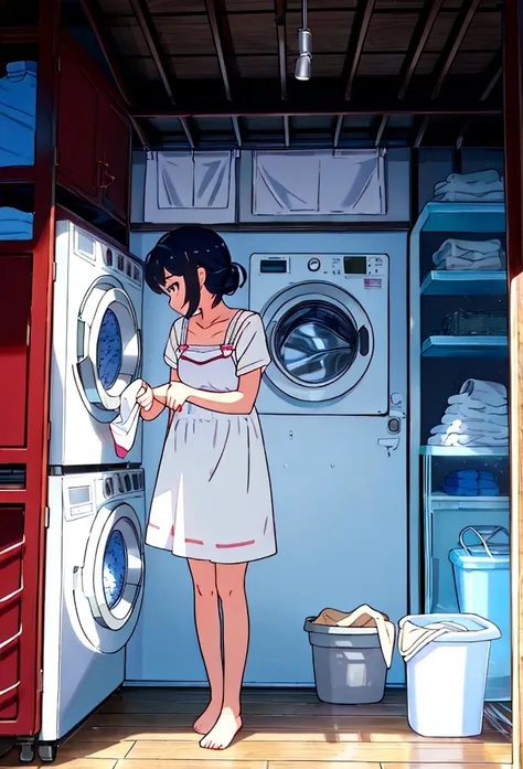 A girl，Holding a white short-sleeved dress ，washing machine，Clothes hanging to dry，balcony，Super Detail, High Detail