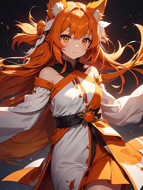 Young girl with shoulder length orange hair and yellow eyes, wearing a simple tunic, orange fox ears with a white tip and nine orange fox tails with white tips.