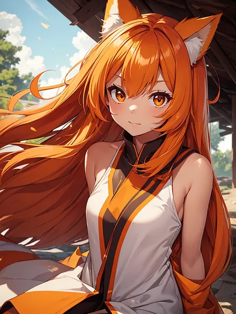 Young girl with shoulder length orange hair and yellow eyes, wearing a simple tunic, orange fox ears with a white tip and nine orange fox tails with white tips.