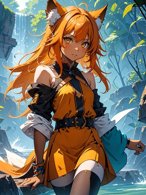 young girl with shoulder length orange hair and yellow eyes, wearing a simple tunic, orange fox ears with a white tip and nine o...