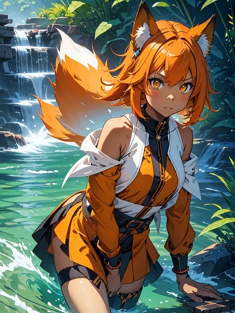 young girl with shoulder length orange hair and yellow eyes, wearing a simple tunic, orange fox ears with a white tip and nine o...