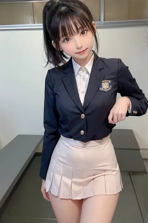 One Girl、14 years old、teen,((uniform、blazer)),((Background is a junior high school classroom))、high quality、Very delicate and beautiful、((Very short bangs))、((Bangs))、Shiny, silky black hair、最high quality、Very delicate and beautiful、((ponytail))、Cute face、...