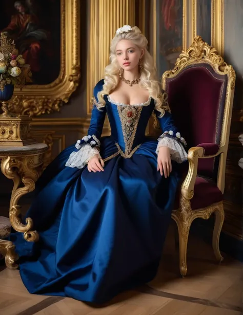 very attractive 25 year old girl with long platinum blonde hair, A platinum blonde woman in a dark blue dress sits on a chair in the palace, rococo queen,  historical baroque dress, aristocratic clothes, rococo fashion, ornate royal gown, wearing a noblewo...