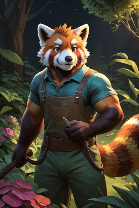 character design, hi-res, good graphics, great anatomy, anatomically correct, detailed body. nestor (male, 23, red panda, garden...