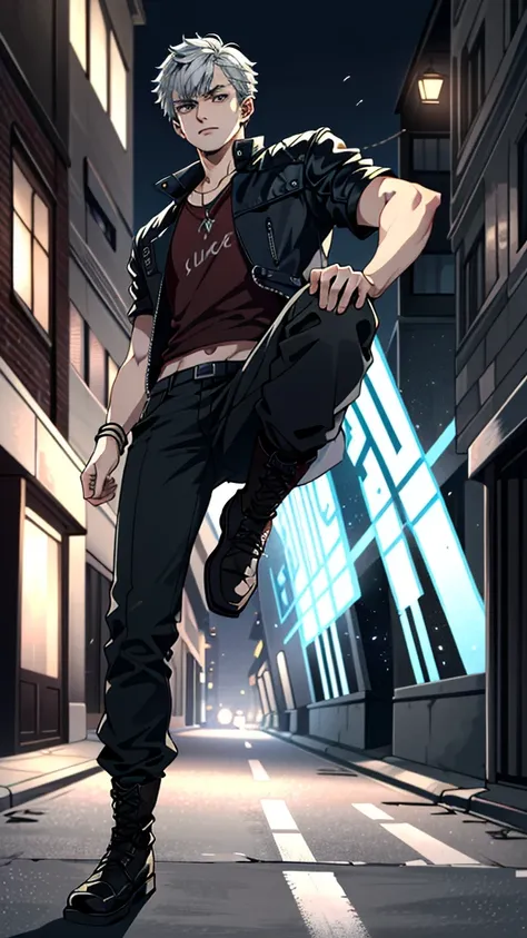 ((extremely detailed, masterpiece, absurd))
dmc5nero, 1 boy, solitary, baldhead, blue eyes, street dancer in hip-hop clothing, m...